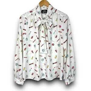 NEW The Moon Collection Makeup Print Tie Neck Blouse Top White Lightweight XL